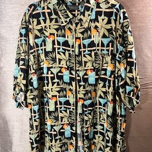 Van Heusen Leaf/Martini Print Hawaiian Shirt , turquoise, orange and green 2X